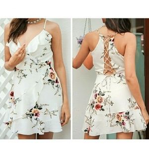 ✨Lace up floral chiffon ruffle wrap dress